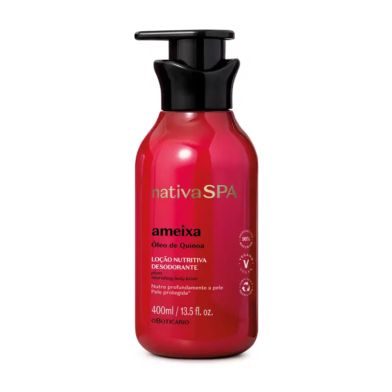 Imagem de um frasco rosa vibrante com tampa preta e rótulo em letras pretas, brancas e douradas contendo 400ml de loção hidratante desodorante corporal da marca Nativa SPA Ameixa.