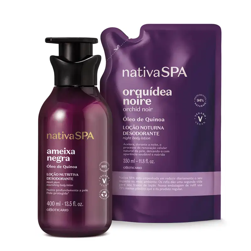 Imagem de duas embalagens de loção hidratante corporal Nativa SPA sendo um frasco vinho com tampa preta da linha Ameixa Negra e um sachê roxo da linha Orquídea Noire.