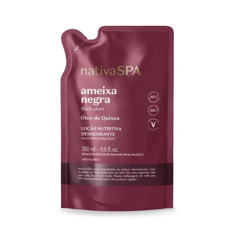 Imagem de um refil de 350ml contendo loção hidratante corporal Nativa SPA Ameixa Negra em sachê na cor vinho e letras douradas e brancas.