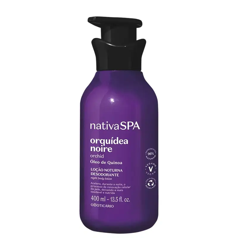 Imagem de um frasco roxo com tampa dosadora preta e letras douradas e brancas contendo 400ml de loção hidratante corporal Nativa SPA Orquídea Noire.