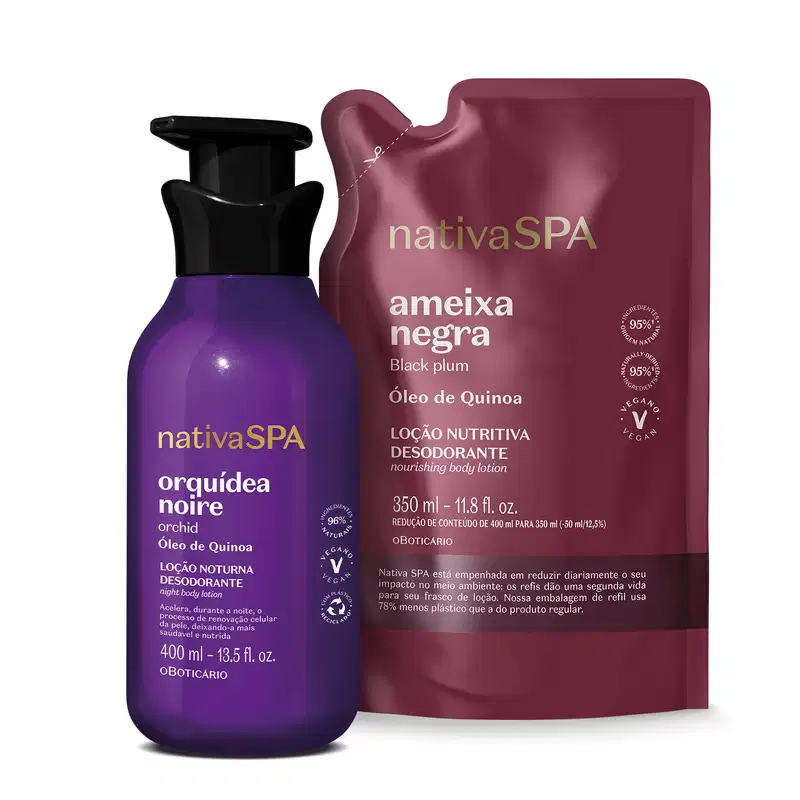 Imagem de duas embalagens contendo loção hidratante corporal Nativa SPA: um frasco roxo com tampa dosadora da linha Orquídea Noire e um sachê vinho da linha Ameixa Negra.
