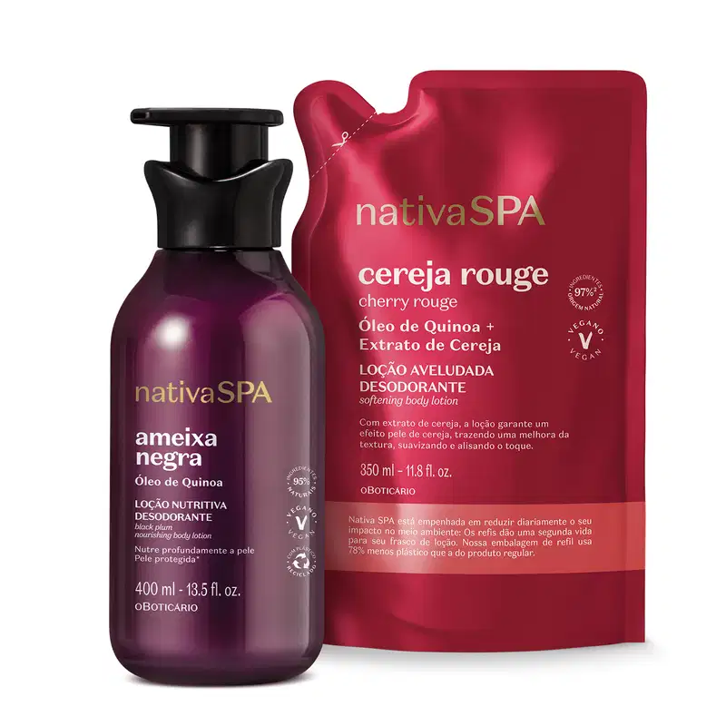 Imagem de duas embalagens de loção hidratante corporal Nativa SPA, sendo um frasco roxo com tampa preta da linha Ameixa Negra e um sachê vermelho da linha Cereja Rouge.