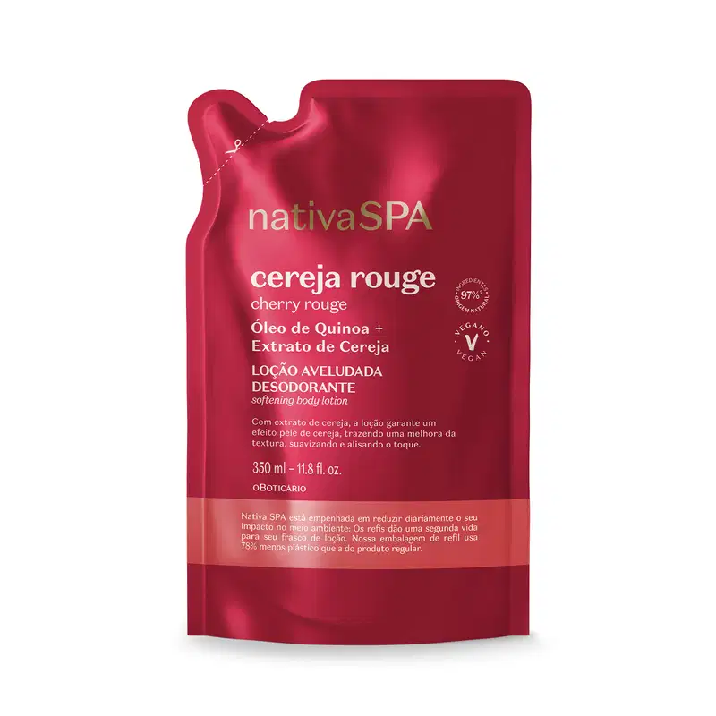Imagem de um refil de 350ml contendo loção hidratante corporal Nativa SPA Cereja Rouge em sachê vermelho, detalhe rosa e letras brancas.
