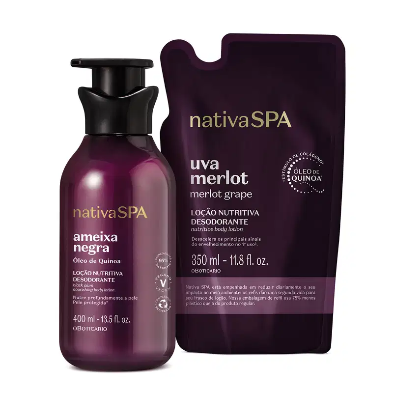 Imagem de duas embalagens contendo loção hidratante corporal Nativa SPA, sendo um frasco roxo com bomba dosadora preta da linha Ameixa Negra e um sachê roxo da linha Uva Merlot.