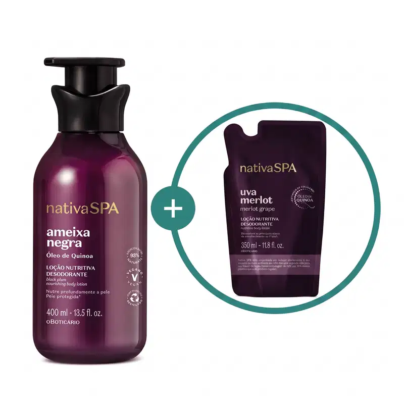 Imagem de duas embalagens contendo loção hidratante corporal Nativa SPA, sendo um frasco roxo com bomba dosadora preta da linha Ameixa Negra e um sachê roxo da linha Uva Merlot.
