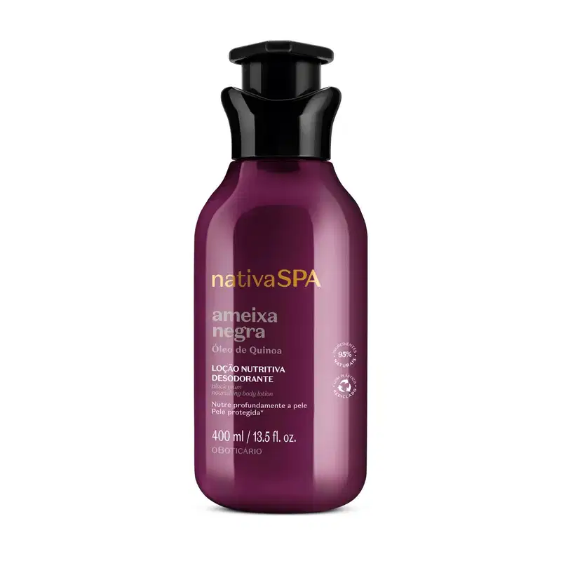 Imagem de um frasco de 400ml na cor roxa, tampa dosadora preta e letras douradas e brancas contendo loção hidratante corporal da marca Nativa SPA Ameixa Negra.
