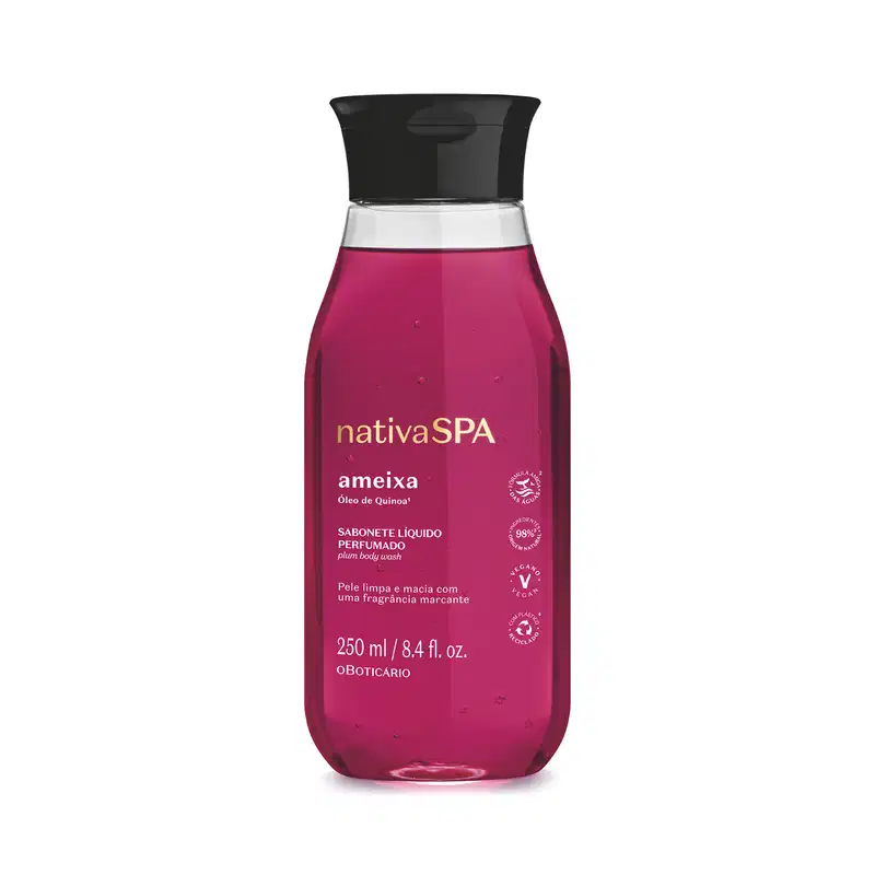 Imagem de um frasco transparente de 250ml com sabonete líquido Nativa SPA Ameixa na cor rosa vibrante, tampa preta e letras douradas e brancas.