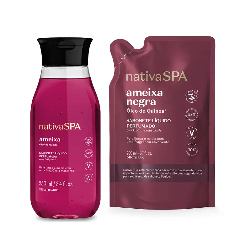 Imagem de dois frascos de sabonete líquido perfumado da marca Nativa SPA, um em frasco transparente com sabonete rosa da linha Ameixa e outro em embalagem plástica vinho da marca Ameixa Negra.