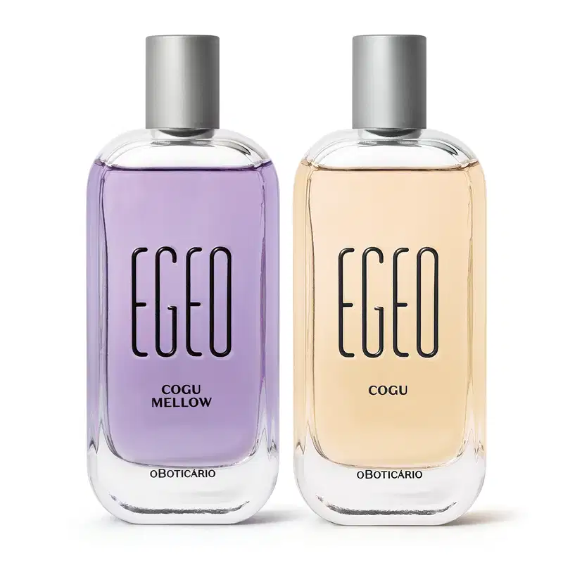 Imagem de dois vidros transparentes com cantos arredondados e tampa prateada contendo 100ml de desodorantes colônias da marca Egeo, um com líquido azul da linha Cogu Mellow e outro com líquido amarelo da linha Cogu.