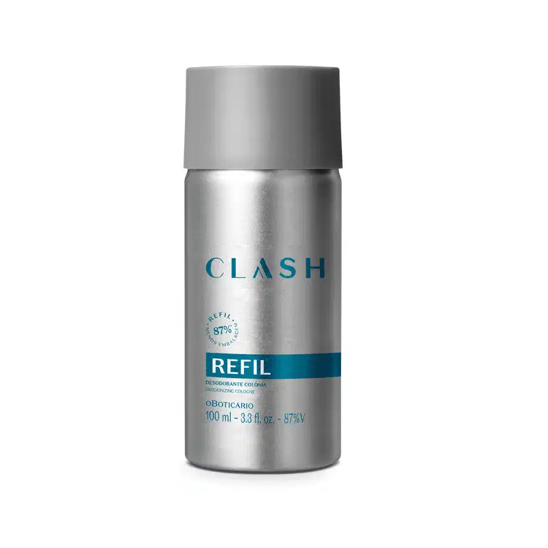 Imagem de um frasco refil de 100ml de desodorante colônia da marca Clash, com design metálico prateado e rótulo azul.