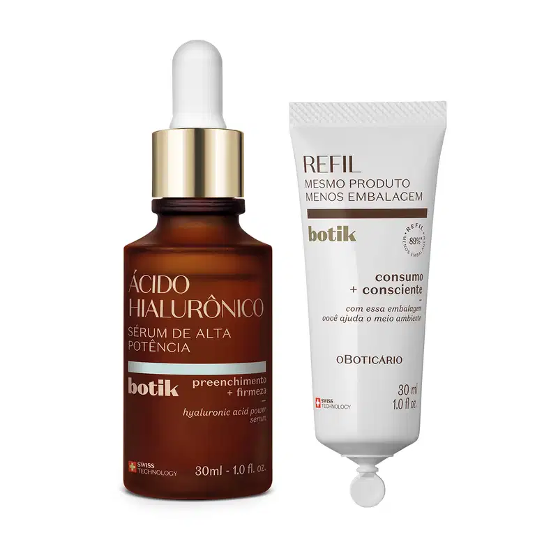 Imagem de dois produtos contendo 30ml de sérum facial de alta potência da marca Botik Ácido Hialurônico: um vidro marrom com conta-gotas branco e um refil em bisnaga branca com texto em letras na cor marrom.