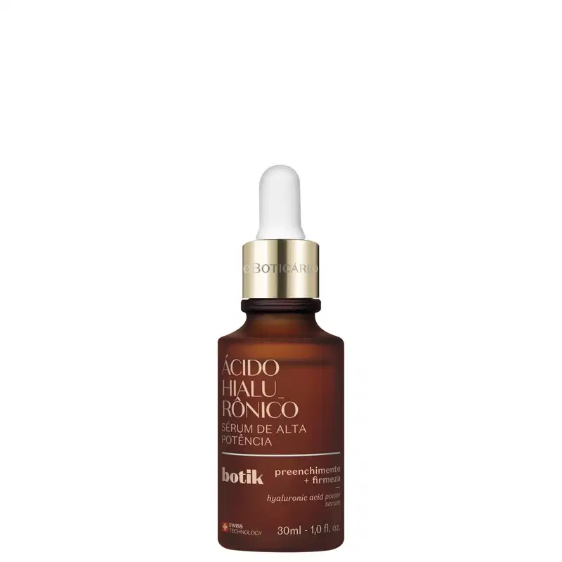 Imagem de um frasco de vidro marrom com conta-gotas branco e tampa dourada, rótulo com letras amarelas, contendo 30ml de sérum facial de alta potência da marca Botik Ácido Hialurônico.