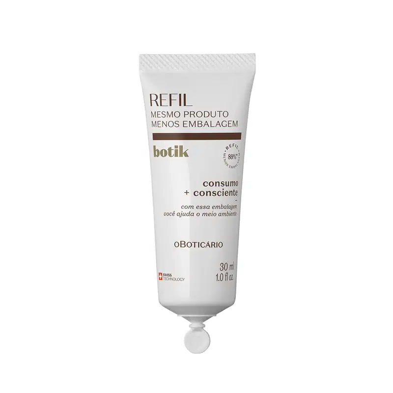 Imagem de um refil de sérum facial de alta potência Botik Ácido Hialurônico, em embalagem de bisnaga branca com texto em letras marrom contendo 30ml do produto.