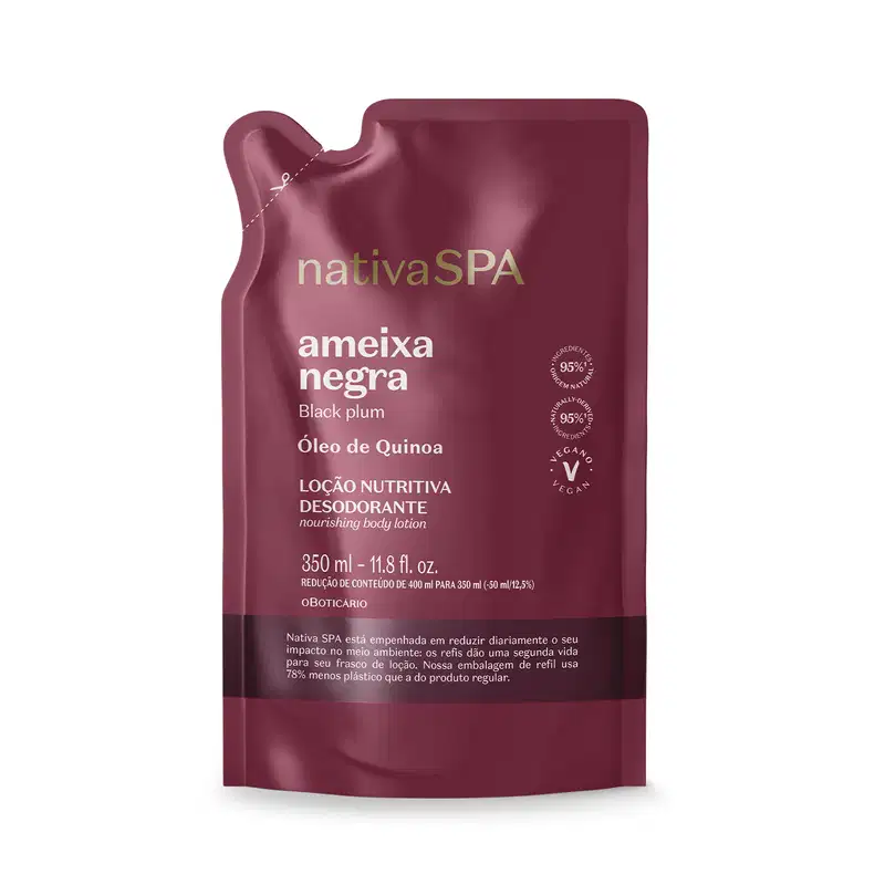 Imagem em embalagem de refil de loção corporal desodorante da marca Nativa SPA Ameixa Negra, na cor roxa, com texto em letras brancas, contendo 350ml de produto.