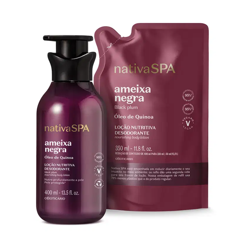 Imagem de dois itens da marca Nativa SPA Ameixa Negra: frasco de loção corporal na cor roxa com tampa preta e refil do mesmo produto em embalagem sachê na cor roxa e texto em branco.
