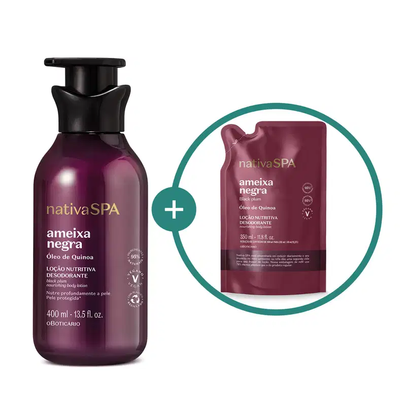 Imagem de dois itens da marca Nativa SPA Ameixa Negra: frasco de loção corporal na cor roxa com tampa preta e refil do mesmo produto em embalagem sachê na cor roxa e texto em branco.