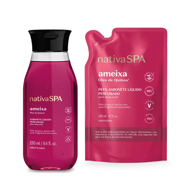 Imagem de dois itens Nativa SPA Ameixa: um frasco com tampa preta de 250 ml de sabonete líquido perfumado e um refil de 200 ml do mesmo produto, ambos na cor rosa vibrante com rótulos em branco e dourado.
