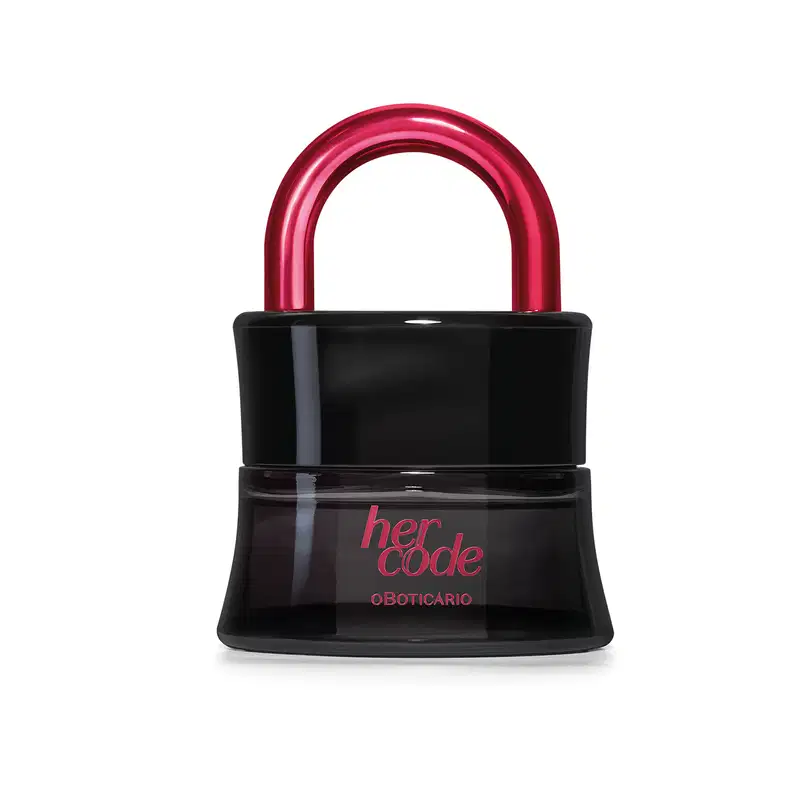 Imagem de um vidro preto 50ml de em formato de cadeado com arco rosa metalizado e rótulo na mesma cor contendo Eau de Parfum Her Code Clímax.