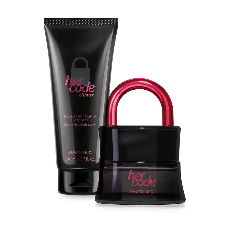 Imagem de uma bisnaga preta e texto rosa metalizado com loção corporal Her Code Clímax e vidro preto em formato de cadeado com detalhe também rosa metalizado de Eau de Parfum da mesma marca.