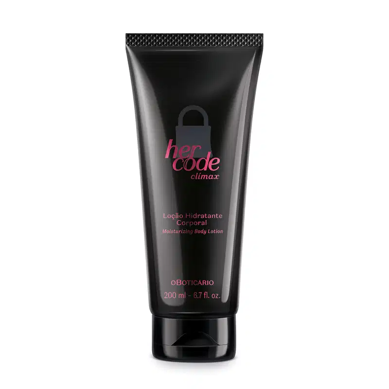 Imagem de uma bisnaga de 200ml na cor preta e texto na cor rosa metalizado contendo loção hidratante corporal da marca Her Code Clímax.