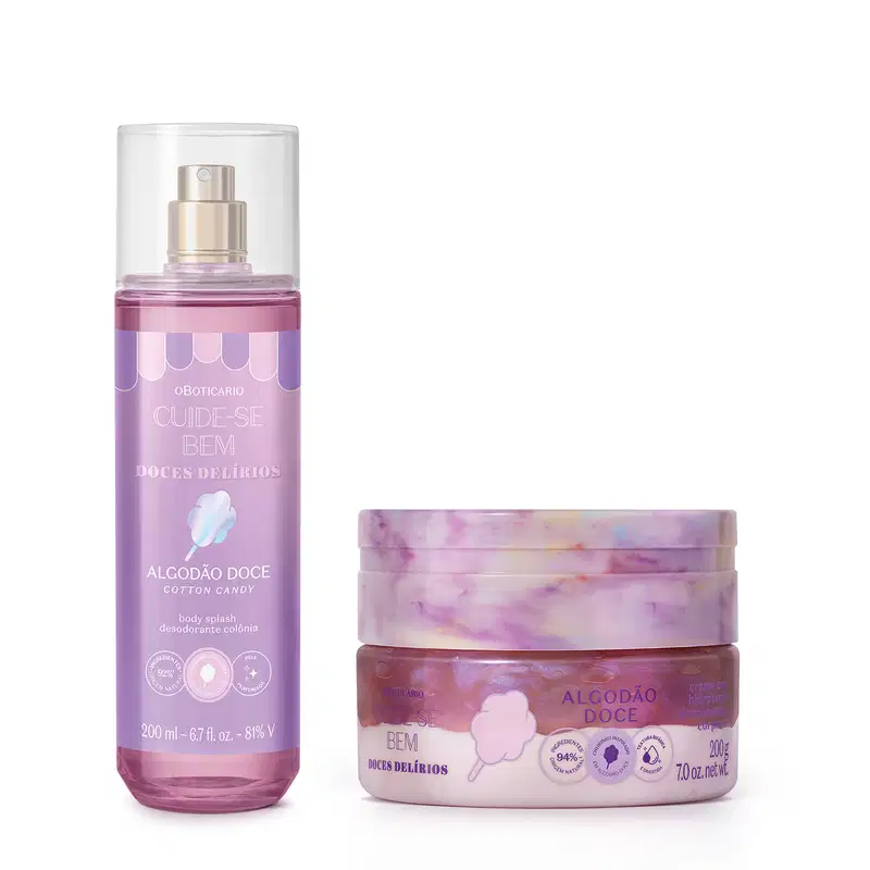 Imagem de dois produtos da linha Cuide-se Bem Algodão Doce, sendo um frasco transparente com líquido lilás contendo body splash e um pote em tons de lilás de creme duo hidratante, ambos com algodão doce ilustrado no rótulo.