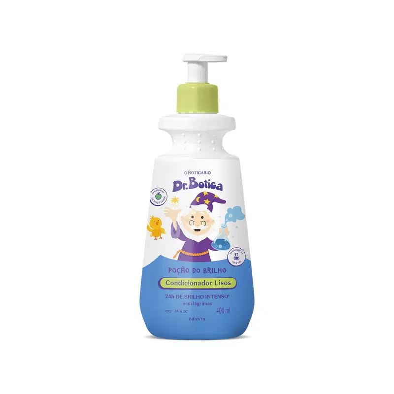 Imagem de rasco branco com bomba doseadora amarela e rótulo azul com ilustrações de personagens da marca Dr. Botica, contendo 400ml de condicionador infantil para cabelos lisos.