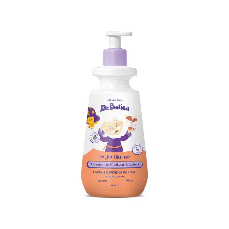 Imagem de frasco branco com bomba doseadora lilás e rótulo laranja da marca Dr. Botica, contendo 400ml de creme para pentear infantil para cabelos cacheados. A embalagem traz o personagem da marca ilustrado.