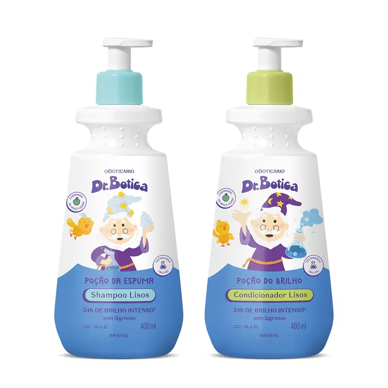 Imagem de dois produtos infantis para cabelos lisos da marca Dr. Botica, sendo um com tampa dosadora azul contendo shampoo e o outro de tampa amarela contendo condicionador. Os dois itens possuem rótulo com personagem ilustrando.