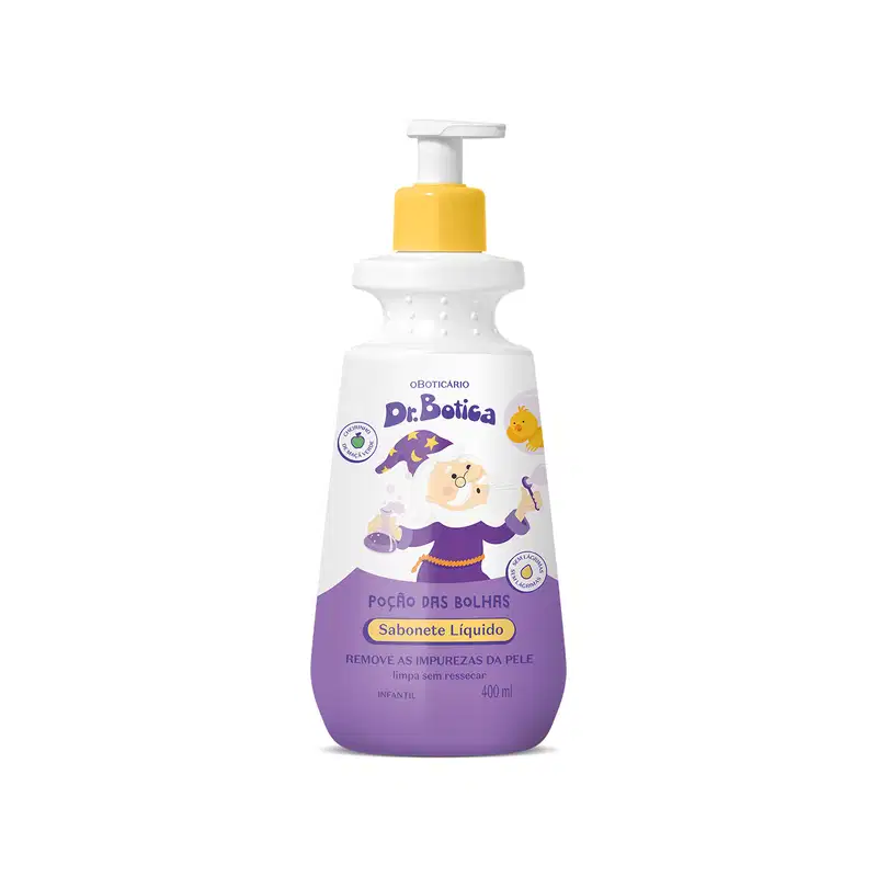 Imagem de um frasco branco com tampa dosadora laranja e rótulo roxo com ilustração de um passarinho e de um senhor de barba branca e roupa azul, contendo 400ml de sabonete líquido infantil da marca Dr. Botica.