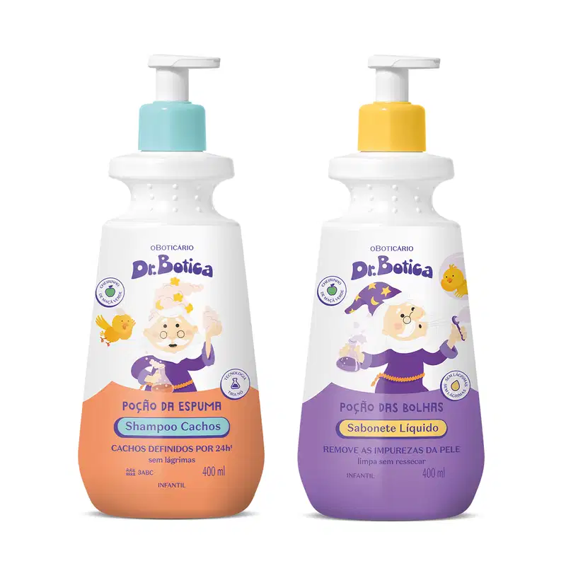 Imagem do Combo Dr. Botica contendo um shampoo infantil Cacheados 3 ABC com frasco branco e laranja e tampa azul e sabonete líquido infantil em frasco branco e roxo com tampa laranja.