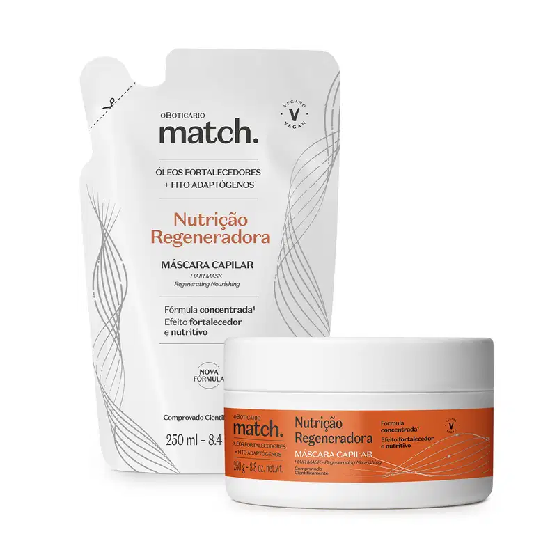 Imagem do Combo Match. Nutrição Regeneradora:  pote branco com rótulo laranja e texto em letras pretas de máscara capilar e refil do mesmo produto em embalagem sachê branco com letras pretas e laranja.