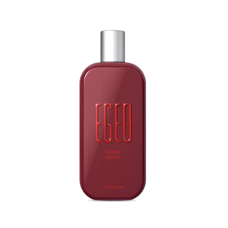 Imagem de um vidro vermelho com cantos arredondados, tampa prateada e rótulo em relevo de desodorante colônia Egeo Choc High, contendo 90ml de produto.