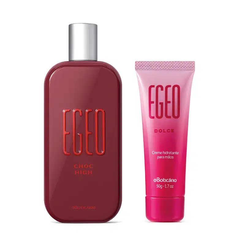 Imagem do Combo Egeo sendo um desodorante colônia Choc High em vidro vermelho e tampa prateada e creme para as mãos da linha Dolce em bisnaga em tons de rosa e vermelho.