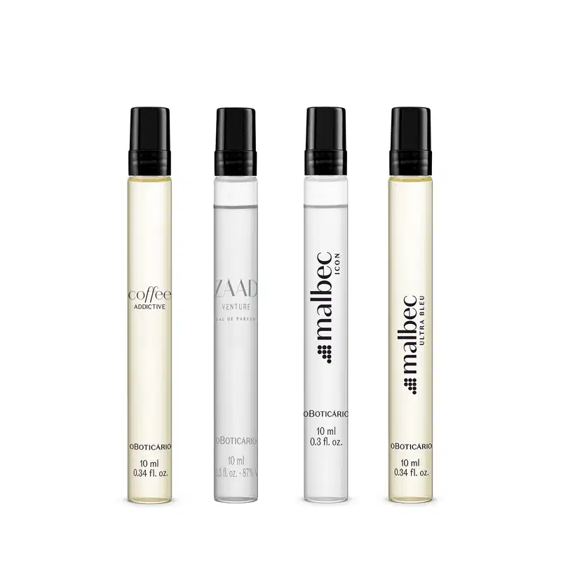 Quatro frascos de perfumaria masculina transparentes com tampa preta de 10 ml cada, sendo um Malbec Ultra Bleu Desodorante Colônia, um Coffee Addictive Man Desodorante Colônia, um Zaad Venture Eau de Parfum e um Malbec Icon Desodorante Colônia.

