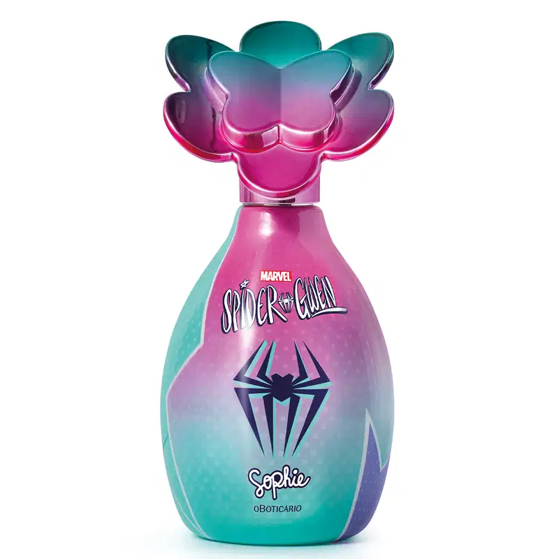 Frasco de colônia infantil da marca Sophie em parceria com Marvel Spider-Gwen, com tampa em formato de flor com pétalas coloridas em tons de rosa, roxo e azul-turquesa, com logotipo de aranha no centro.