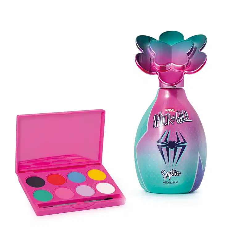 Kit da marca Sophie Marvel Spider-Gwen, incluindo frasco de colônia infantil nas cores rosa e azul com tampa em formato de flor e paleta de maquiagem colorida e caixa de presente preta do personagem.