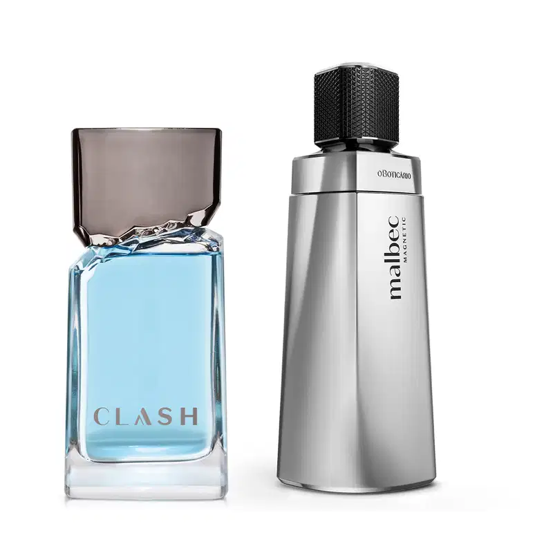 Dois frascos de perfumaria masculina, sendo um azul claro com formato retangular e tampa prateada da marca Clash, outro com frasco prateado com design triangular e tampa preta da marca Malbec Magnetic. 