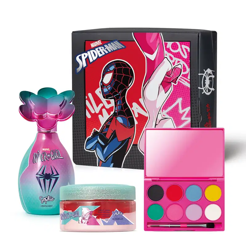 Kit da marca Marvel Spider-Man e Spider-Gwen, incluindo frasco de colônia infantil nas cores rosa e azul da linha Sophie, pote de creme em embalagem nas cores vermelha, rosa e azul e paleta de maquiagem colorida e caixa de presente preta do personagem.