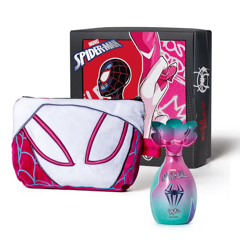 Kit da marca Marvel Spider-Man e Spider-Gwen, incluindo frasco de colônia infantil nas cores rosa e azul da linha Sophie, nécessaire com detalhes em vermelho, azul e branco, simulando uma máscara do Spider Gwen e caixa preta dos personagens da franquia.