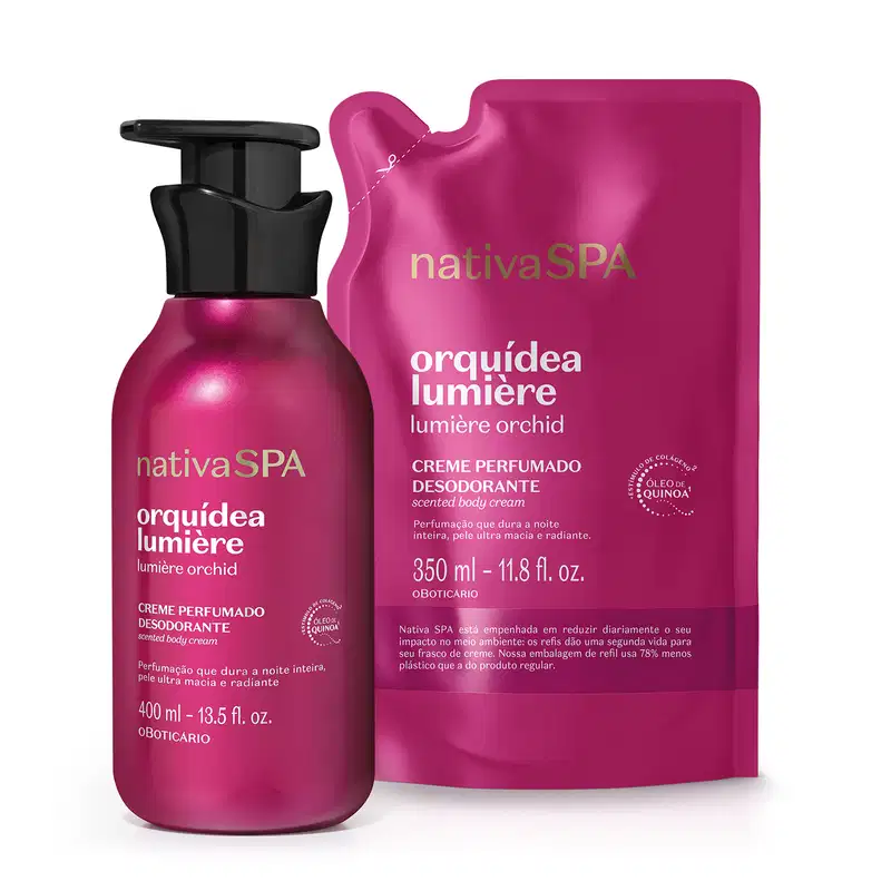 Creme perfumado desodorante Nativa SPA Orquídea Lumière em embalagem rosa com frasco de 400 ml e refil de 350 ml, destacando a fragrância de orquídea e o uso de óleo de quinoa na fórmula.