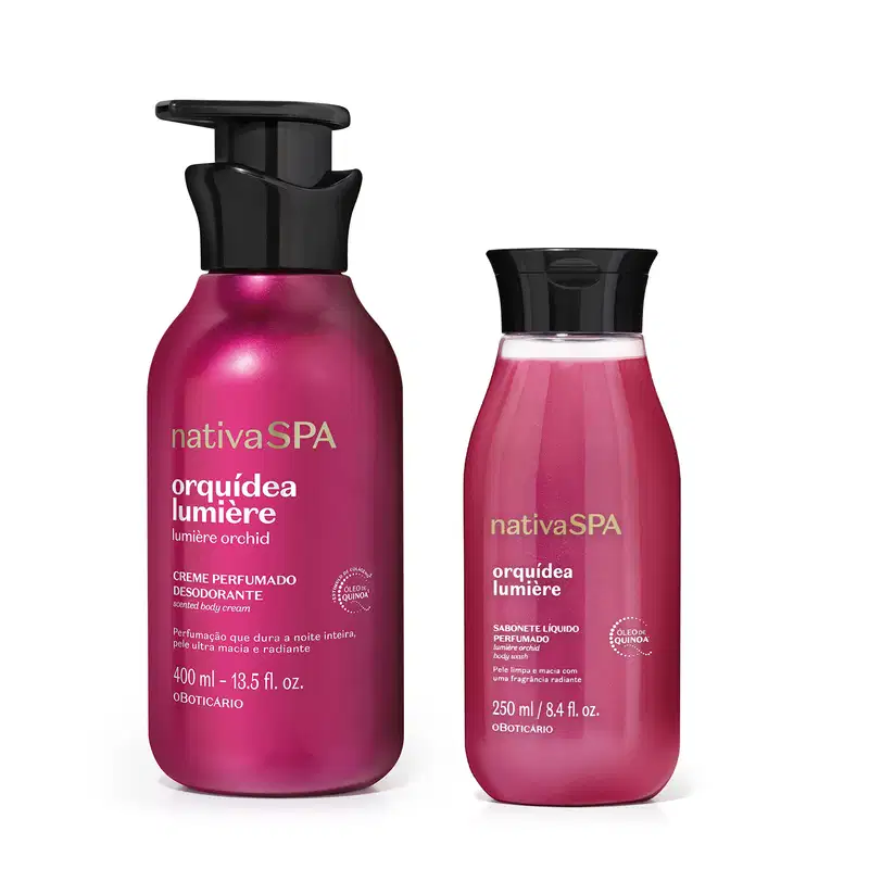 Dois itens de corpo e banho da marca Nativa SPA Orquídea Lumière, sendo um creme desodorante perfumado nas cores rosa e dourado com tampa preta e um frasco de sabonete líquido perfumado, na cor rosa com tampa preta.