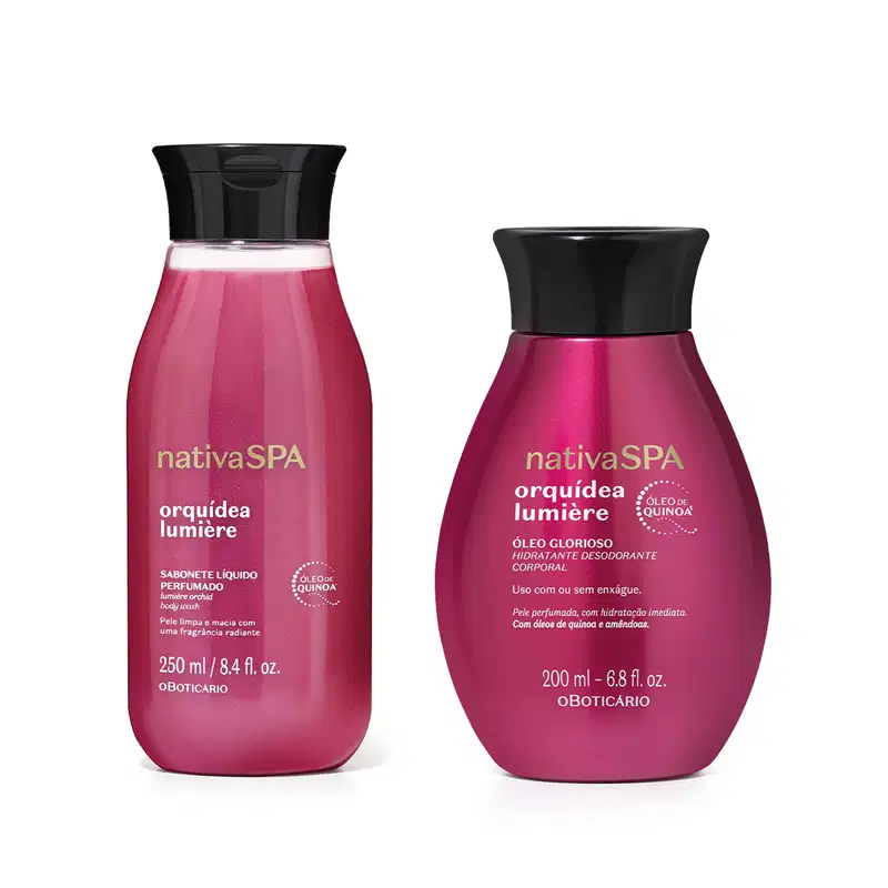 Dois itens de corpo e banho da marca Nativa SPA Orquídea Lumière, sendo um frasco de sabonete líquido perfumado na cor pink e tampa preta e um frasco de óleo glorioso da mesma linha, na mesma cor.