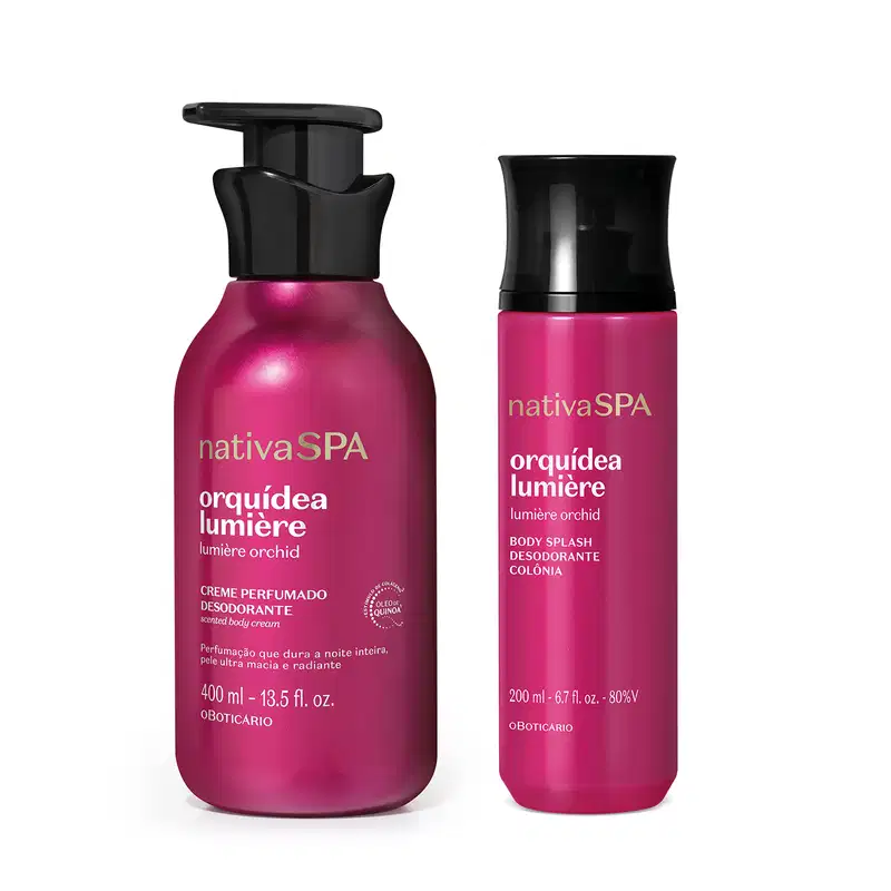 Imagem de dois produtos Nativa SPA Orquídea Lumière, sendo um creme perfumado desodorante de 400ml e um body splash de 200ml. As duas embalagens são rosa-claro com tampa preta e letras amarelo-claro.