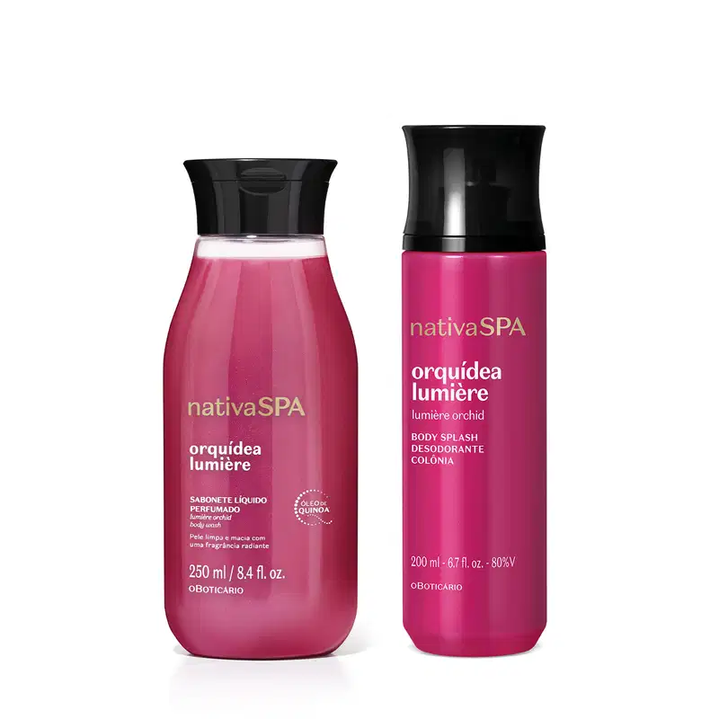 Imagem do Combo Nativa SPA Orquídea Lumière com um frasco cilíndrico rosa-escuro de body splash de 200ml e um sabonete líquido de 250ml em embalagem transparente com líquido rosa-claro. As duas tampas são pretas.