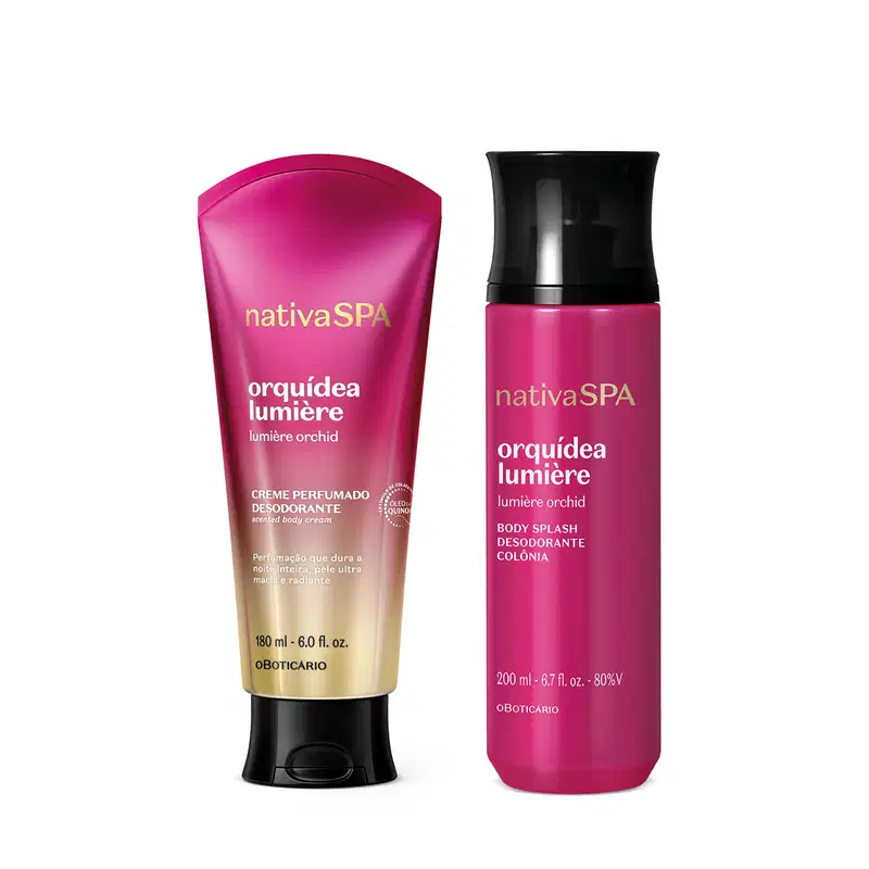 Imagem do Combo Nativa SPA Orquídea Lumière que traz um body splash rosa-escuro de 200ml e uma bisnaga com degradê de rosa-escuro e prata de creme perfumado desodorante de 180ml. As tampas dos produtos são pretas.