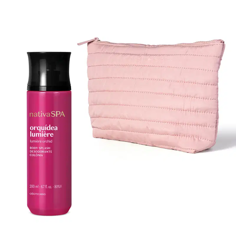 Imagem do Combo Nativa SPA Orquídea Lumière contendo um body splash de 200ml em embalagem rosa-escuro e preta e um nécessaire premium na cor rosa.