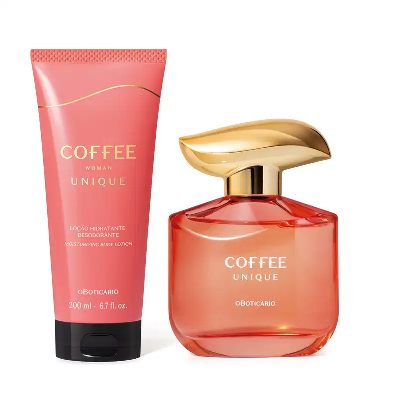 Imagem de dois produtos Coffee Woman Unique, sendo um vidro de 100ml com tampa dourada de desodorante colônia e uma bisnaga de tampa preta trazendo 200ml de loção corporal. As embalagens são na cor rosa com letras douradas. 
