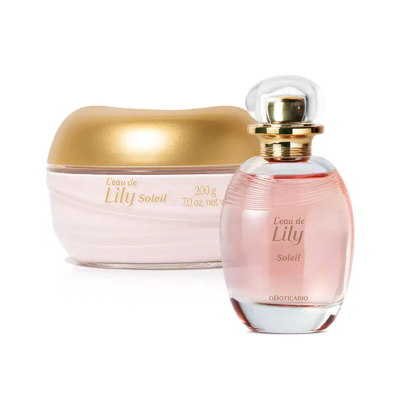 Imagem de dois produtos  L'eau de Lily Soleil, sendo um desodorante colônia em vidro de 75g com líquido rosado, borrifador dourado e tampa transparente, acompanhado de um pote com conteúdo branco e tampa dourada trazendo 200gde creme acetinado corporal.