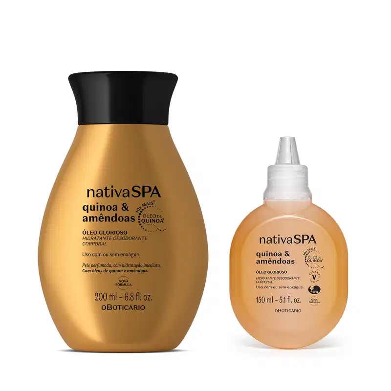 Imagem de um frasco dourado com tampa preta contendo 200ml de óleo glorioso corporal da marca Nativa SPA Quinoa e Amêndoas, acompanhado de um frasco refil amarelo com tampa branca com 150ml do mesmo óleo corporal.