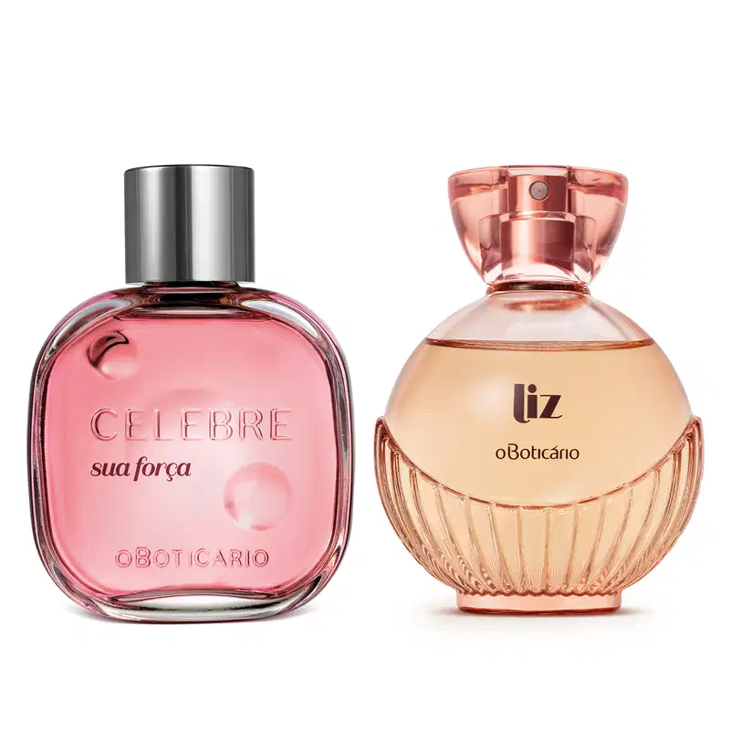 Imagem de dois itens de perfumaria feminina O Boticário, sendo um vidro transparente com líquido rosa e tampa prateada da marca Celebre Sua Força e um vidro arredondado transparente com líquido rosa e borrifador dourado da marca Liz.